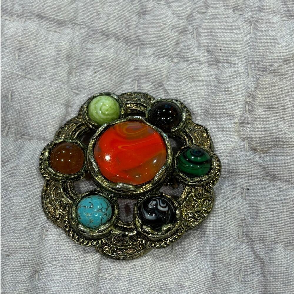 Vintage Miracle Brooch Pendant Faux Agate, Turquoise, Swirl Cabochons
